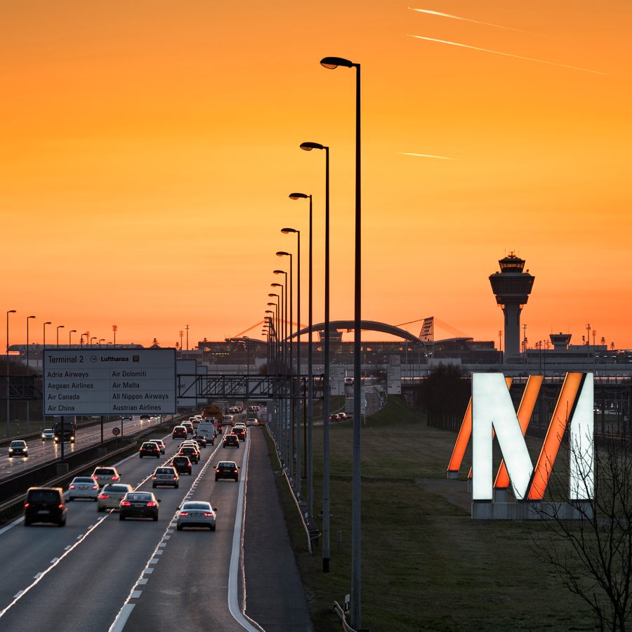 View of Munich’s Franz Josef Strauss Airport at dusk.