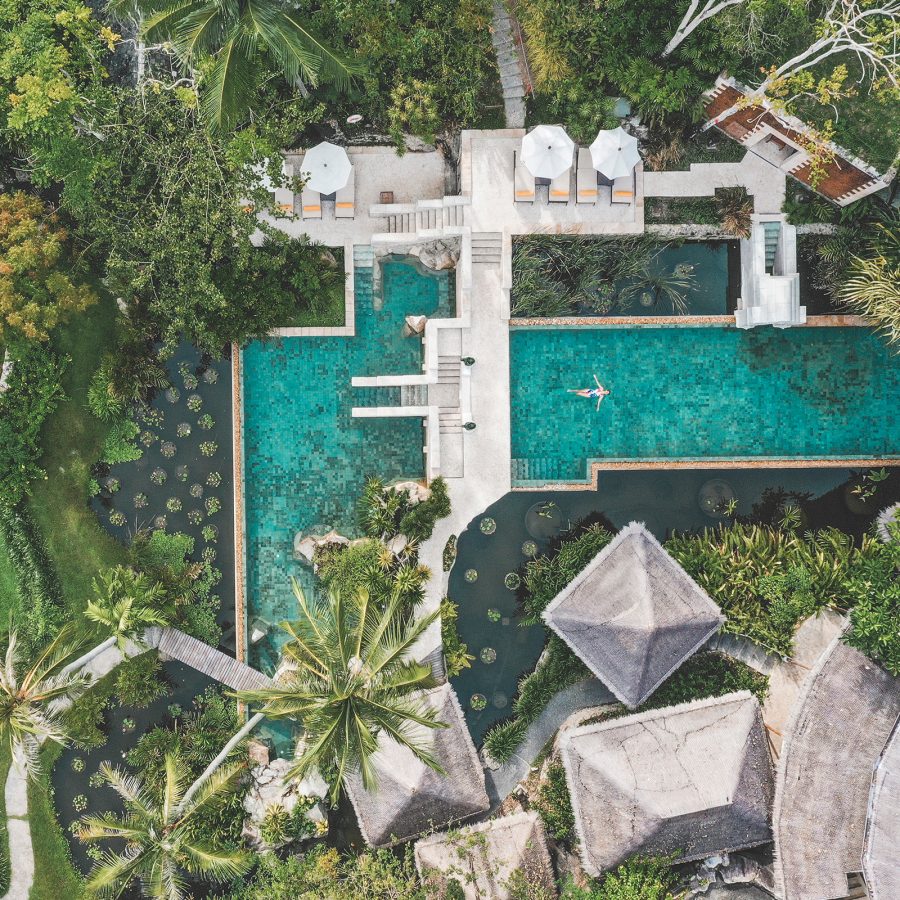 Aerial view of a pool at Kamalaya, Koh Samui, in the daytime.