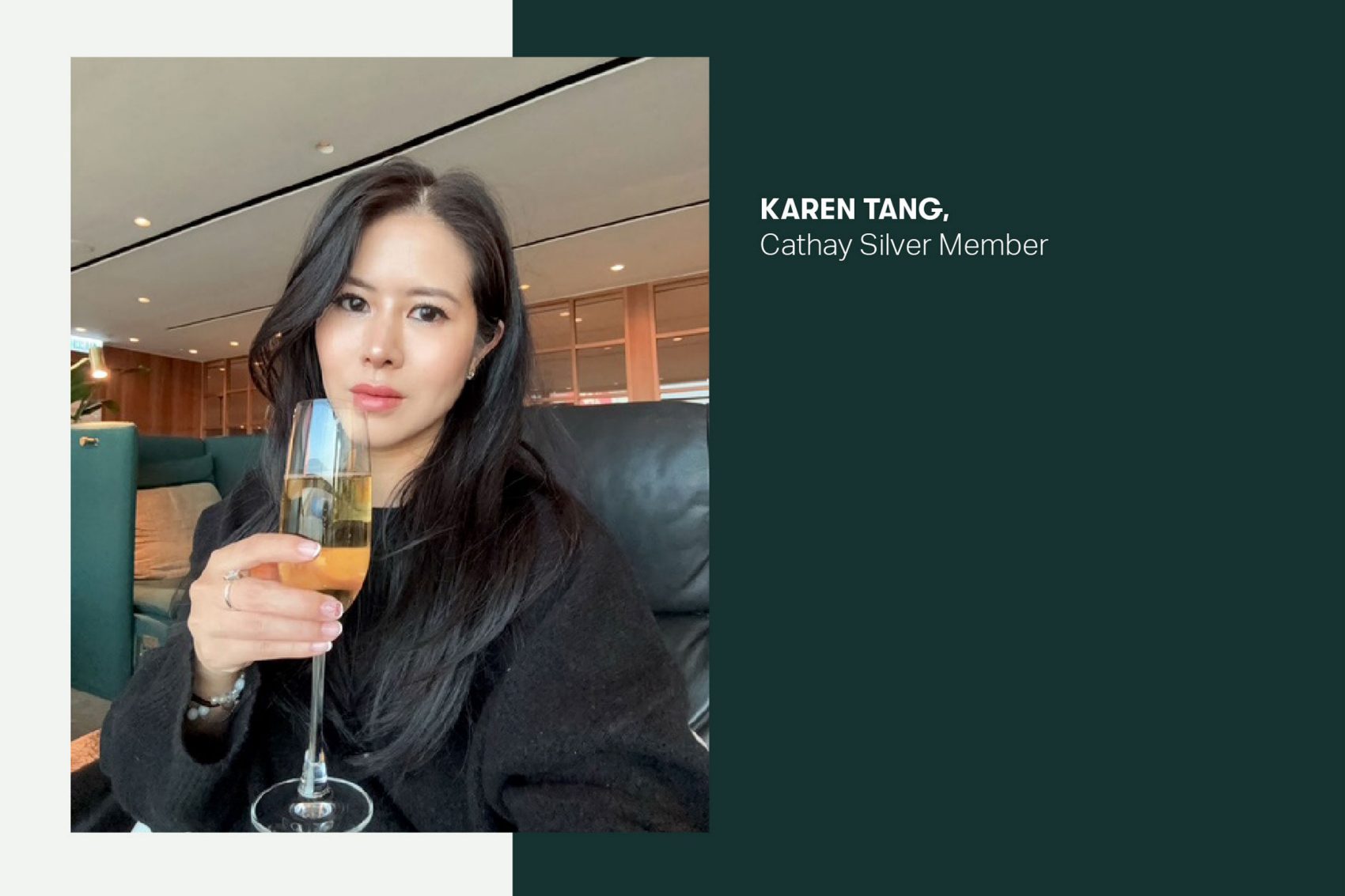 Cathay Silver Member Karen Tang holding a glass of champagne in the Cathay lounge