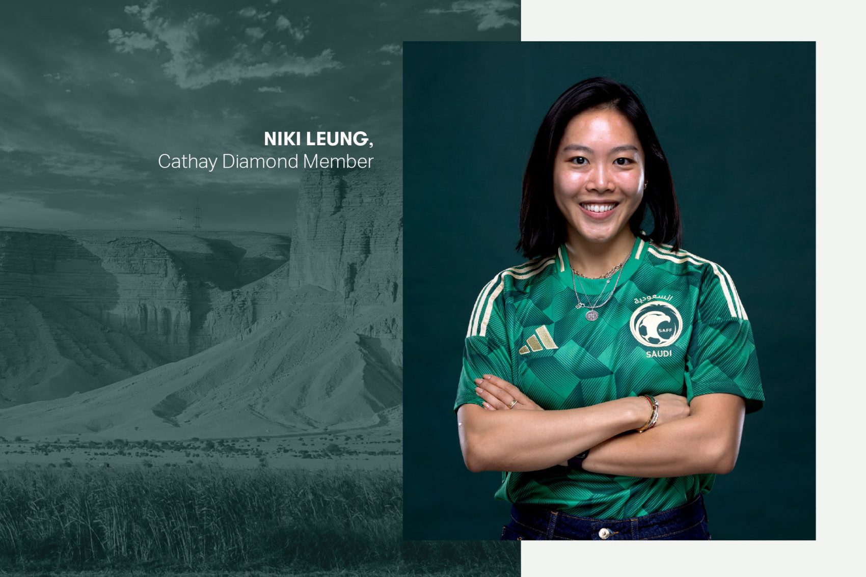 Cathay Diamond Member Niki Leung wearing a football shirt with her arms crossed