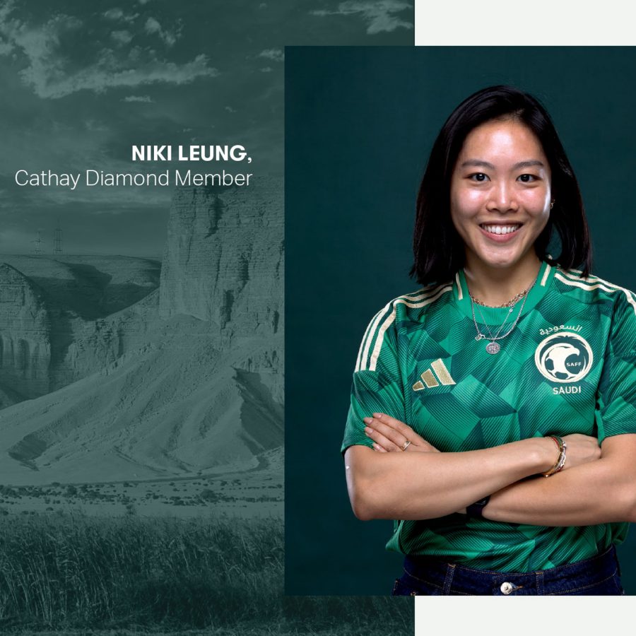 Cathay Diamond Member Niki Leung wearing a football shirt with her arms crossed
