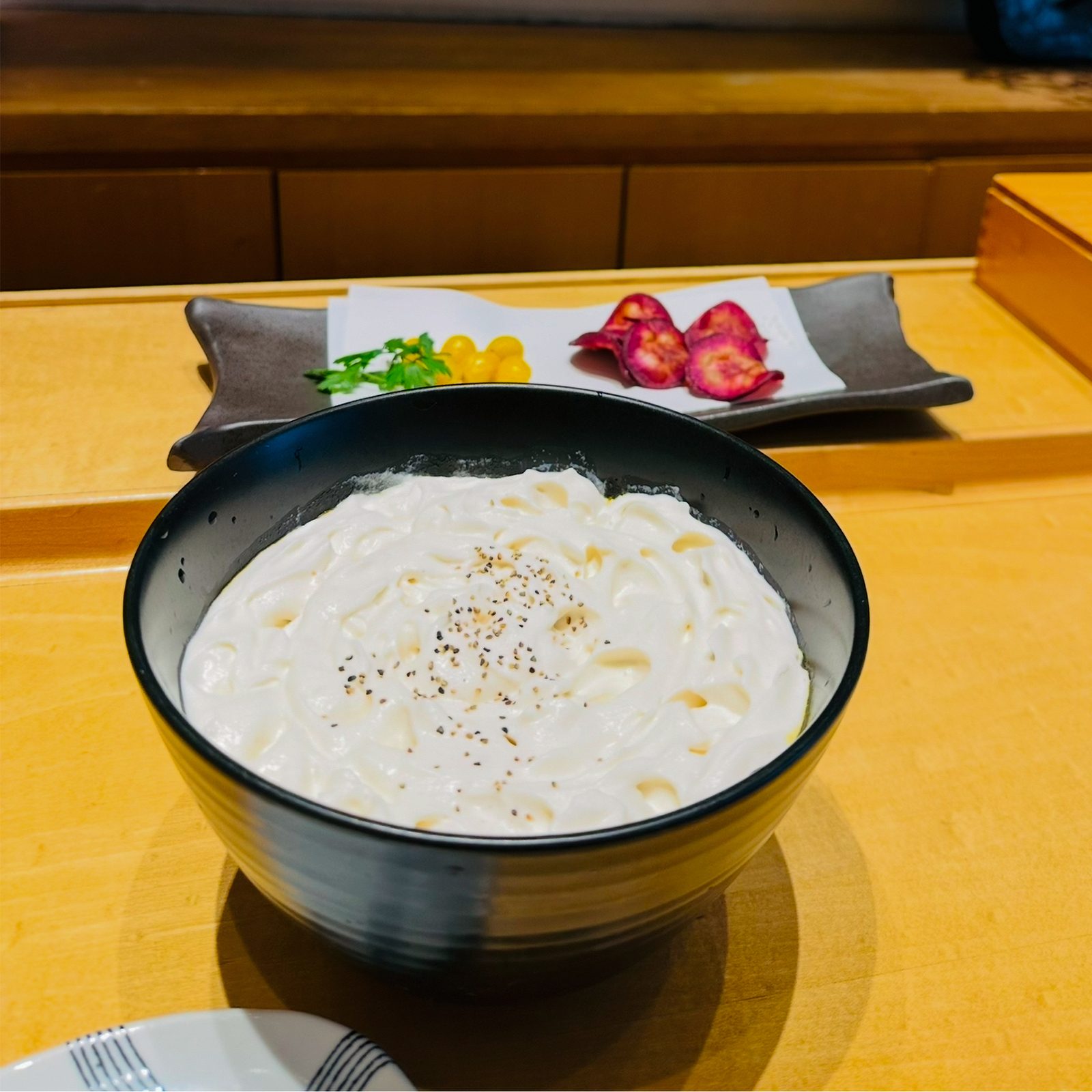 A bowl of udon noodles at Shodai in Tokyo.