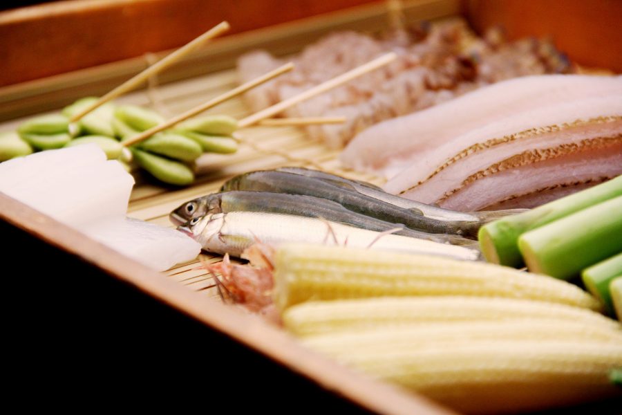 View of vegetable and fish options at Tempura Tenko in Tokyo. 