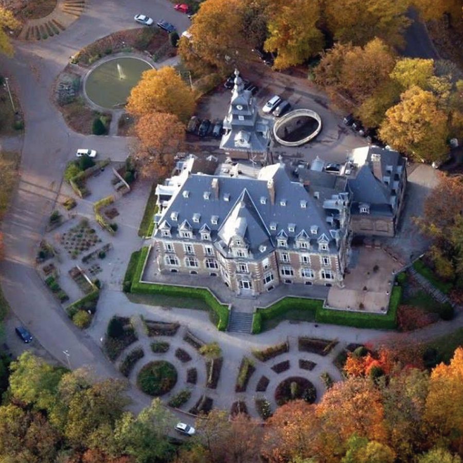 Top shot of the Château de Namur and its manicured gardens in Belgium.