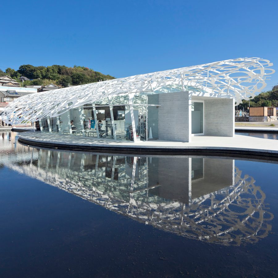 Exterior view of the visitor’s welcoming centre on the island of Ogijima in Japan. 