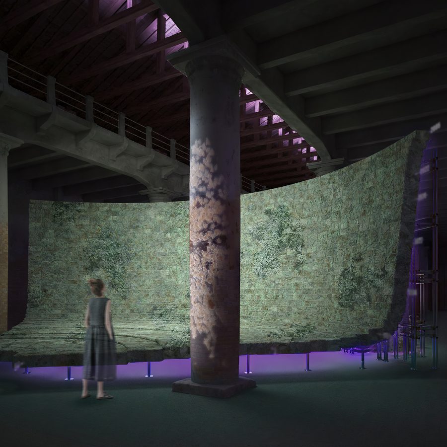 Interior view of a spectator looking at a large-scale installation work at the Venice Biennale. 