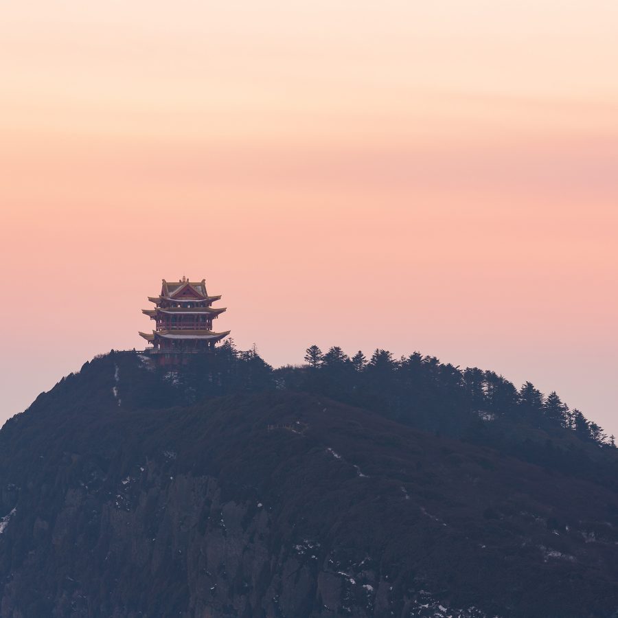 A Buddhist temple in Emeishan, Sichuan, at sunset.