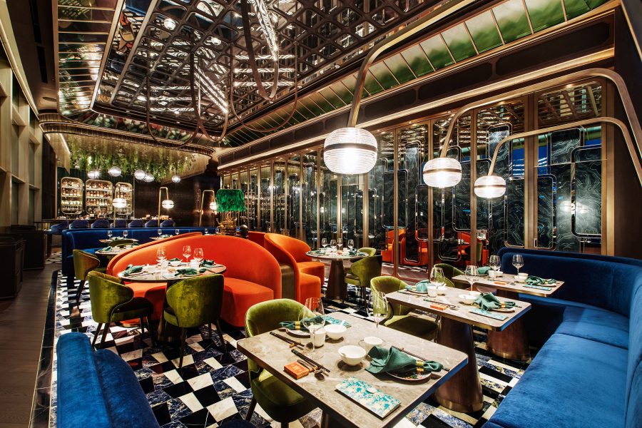 The lavish interior of the dining area at Chinesology, Hong Kong.