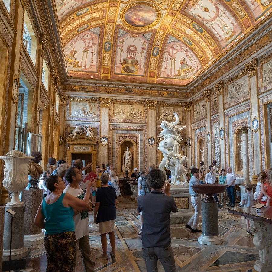 Interior view of baroque masterpieces at the Galleria Borghese.