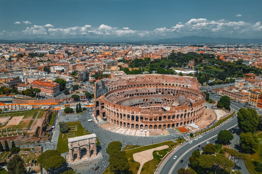  A view of Rome, including the Colosseum.