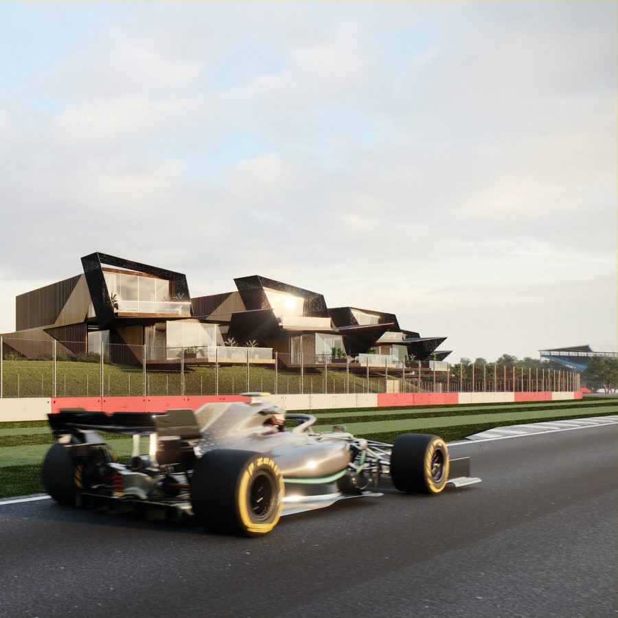 A single-seater race car drives along the track at Silverstone in England. 