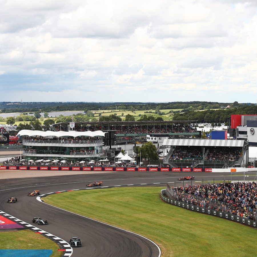 View of the starting line and grid boxes at Silverstone in England