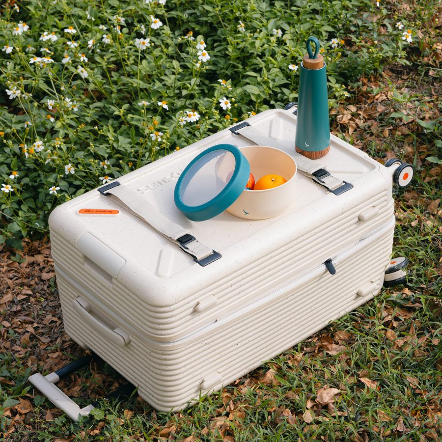 A Cathay water bottle and a Cathay nesting bowl with oranges inside are on top of the ivory Samsonite TOIIS XP Trunk, which is on a grassy field. 