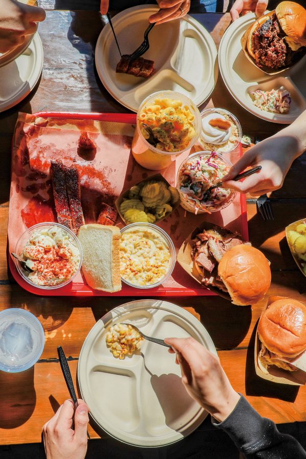 Barbecue meat, sandwiches, mac and cheese, coleslaw and other sides at Terry Black’s Barbecue. 