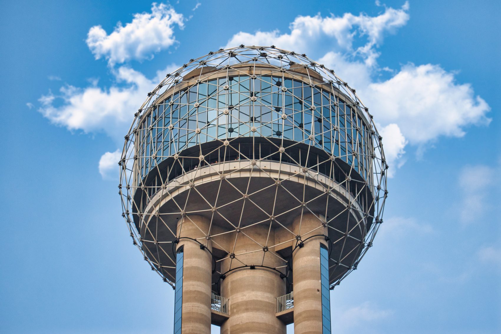 The spherical observation deck of the Reunion Tower in Dallas in the daytime.    