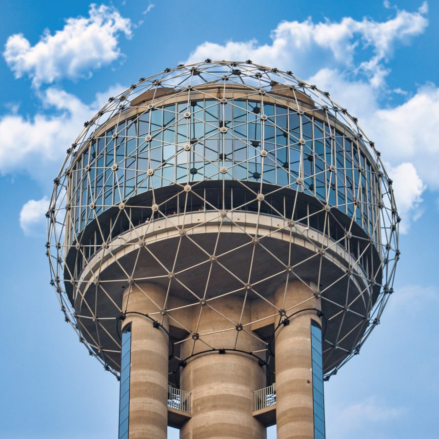 The spherical observation deck of the Reunion Tower in Dallas in the daytime.    
