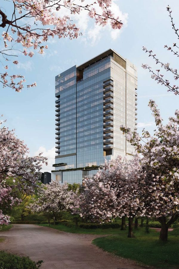 Cherry blossoms line the pathway to an Osaka hotel