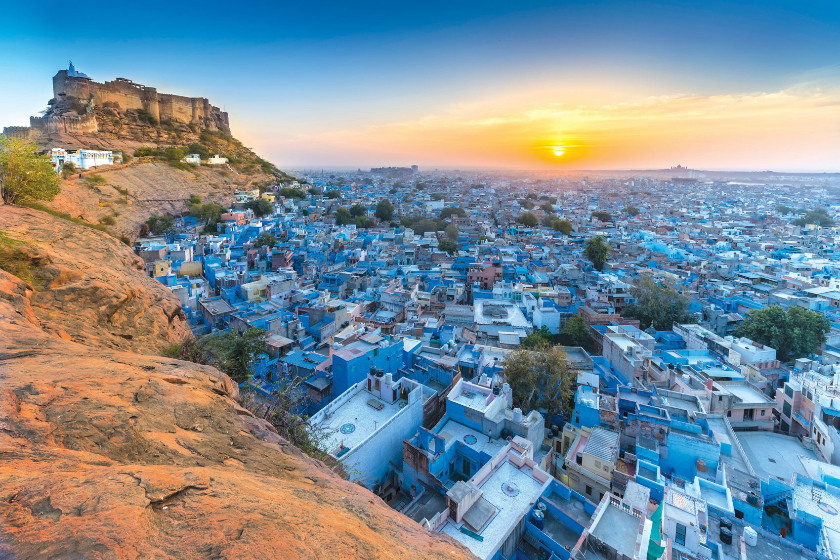 Sweeping vista of the blue houses of Jodphur in India.