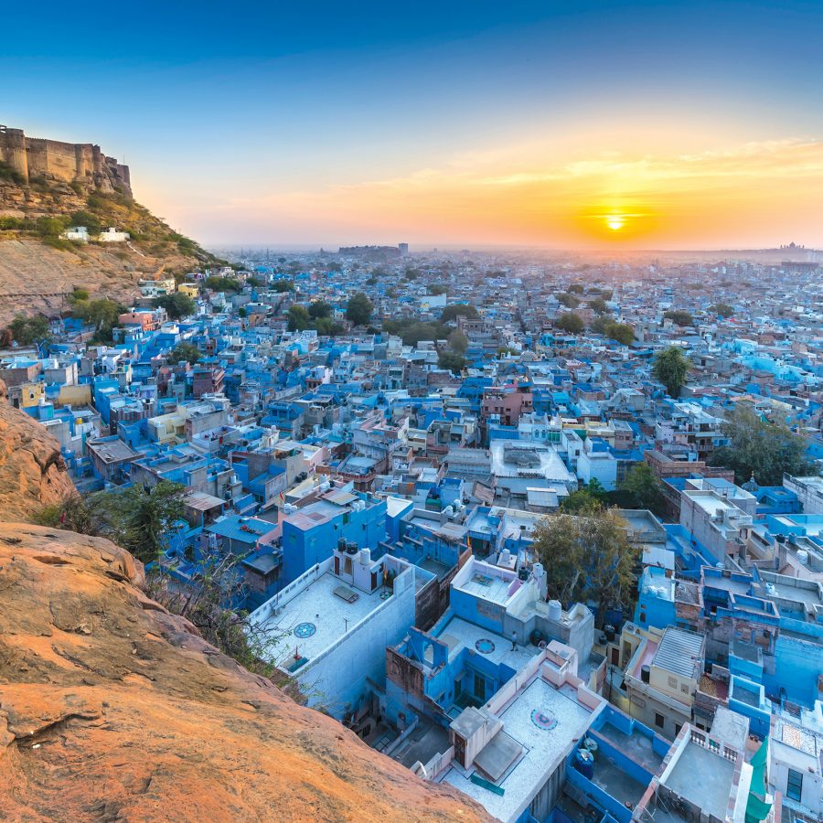 Sweeping vista of the blue houses of Jodphur in India.