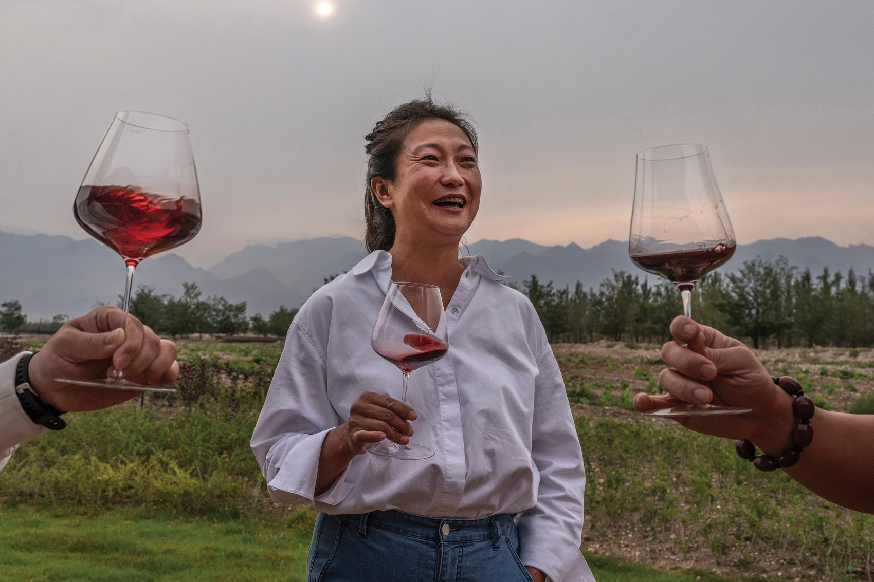 Female Chinese winemaker and founder of Silver Heights Vineyard laughing while holding a glass of red wine outdoors at a vineyard on a sunny day with two hands holding up glasses of red wine from each side.