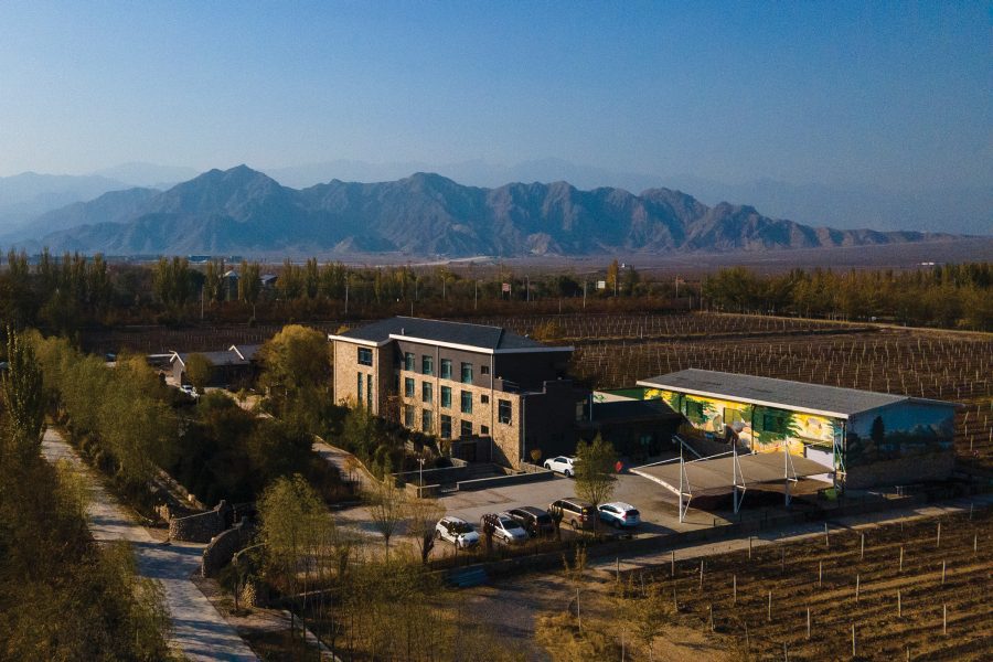 A bird’s eye view of the exterior of Kanaan Winery in Ningxia, China.