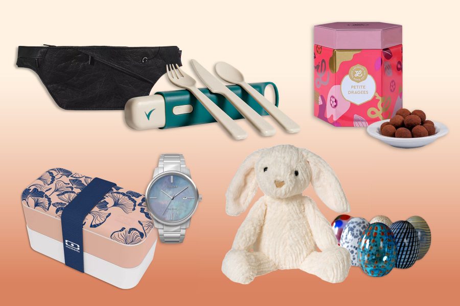 Collage of Cathay shop products for April including eco-friendly products for Earth Day and Easter-themed products such as eggs, chocolates and bunnies.