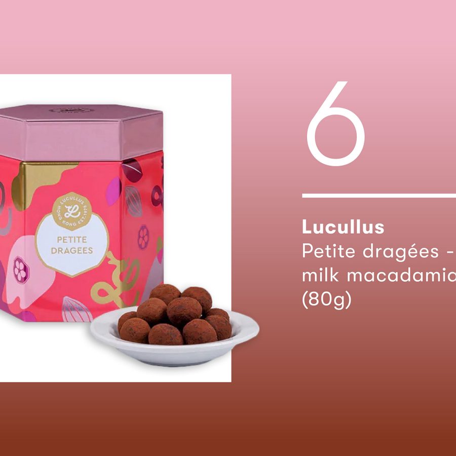 Product shot of the Lucullus petite dragées milk macadamia nuts.