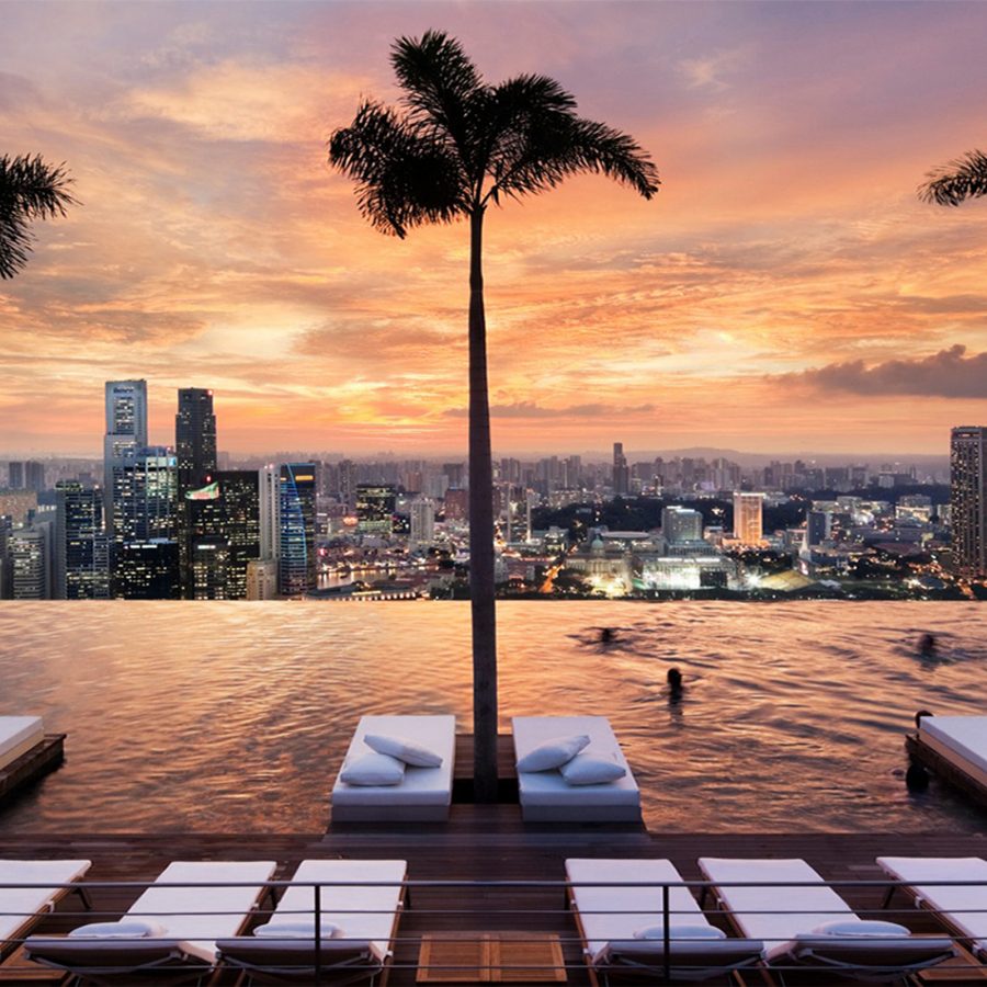 View from the hotel pool overlooking the city at Marina Bay Sands, Singapore.