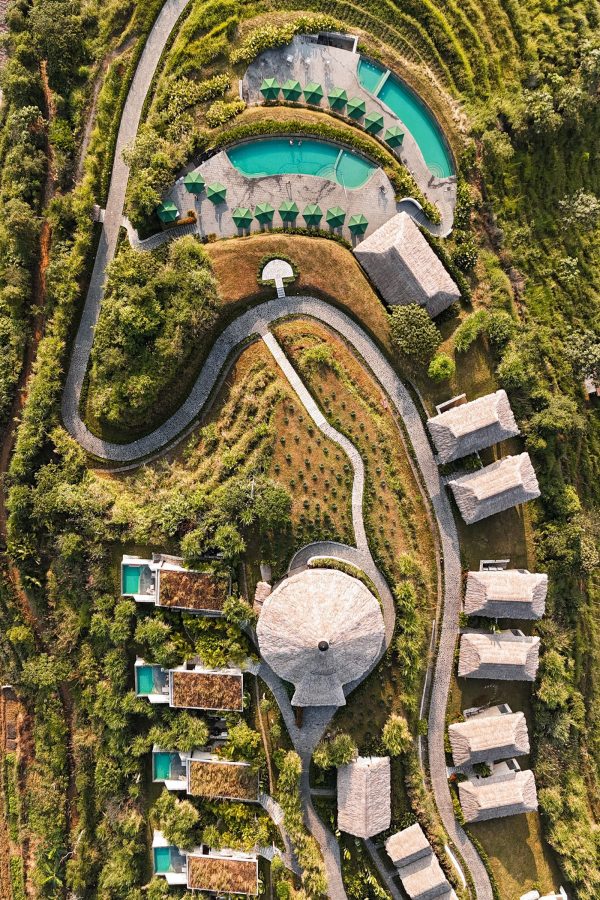 Birds-eye view of the exterior Topas Ecolodge, Vietnam.