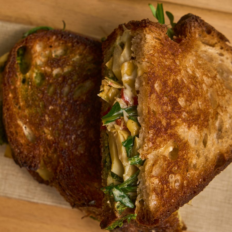 A closeup of a toasted sandwich served at Servo in Hong Kong.