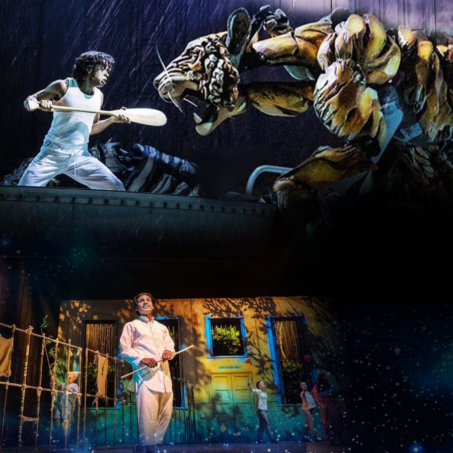  In a scene from the stage drama Life of Pi, a teenage boy stands against a rainy backdrop facing a large puppet tiger.