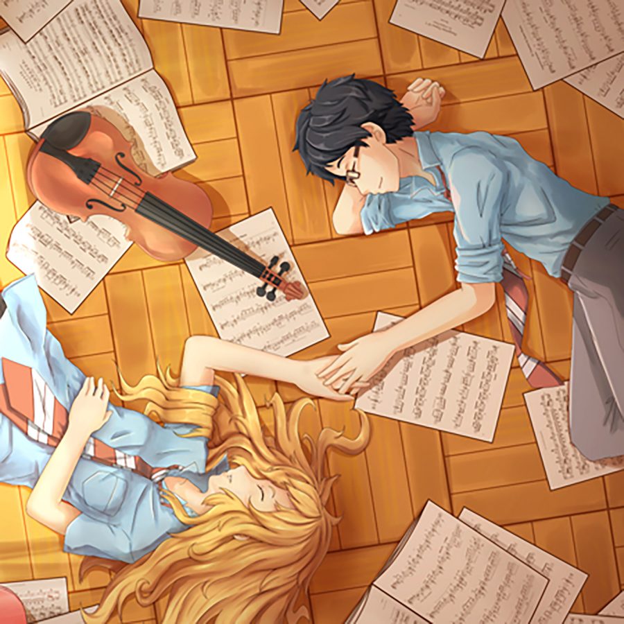 Illustration from the manga Your Lie in April, showing a teenage boy and girl in school uniforms lying on a floor, surrounded by musical instruments and musical score sheets. 
