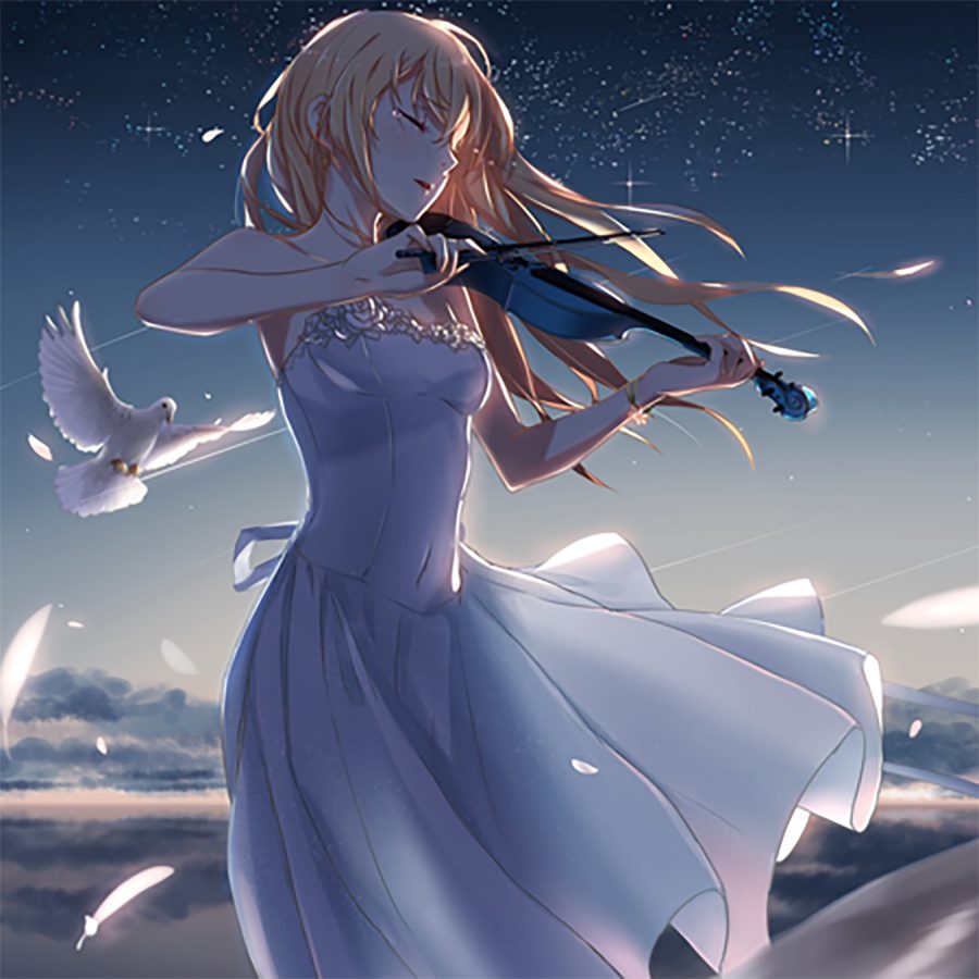 Illustration from the manga Your Lie in April, showing a teenage girl playing violin, surrounded by clouds and white doves.