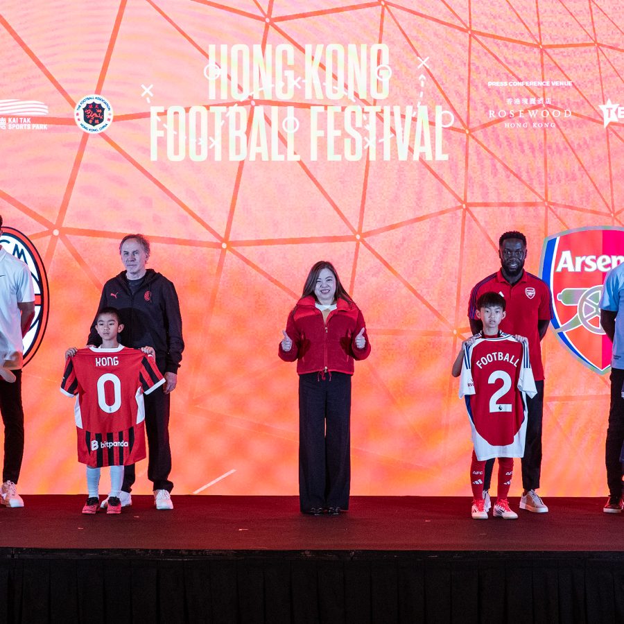 Football players David James, Franco Baresi, Bacary Sagna and Ledley King pose for a group photo with children in football jerseys and Hong Kong Secretary for Culture, Sports and Tourism Rosanna Law Shuk-pui during a press conference on the Hong Kong Football Festival 2025 at Rosewood Hong Kong in Tsim Sha Tsui. 