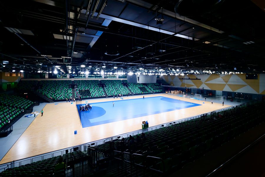 An indoor basketball court at Kai Tak Sports Park in Hong Kong. 