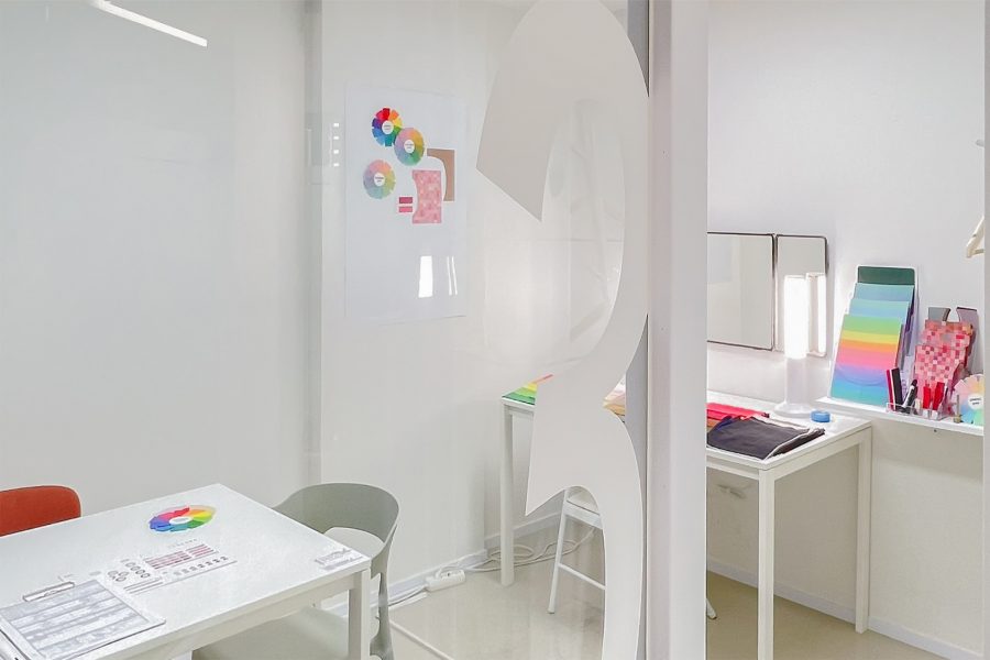 A room with personal colour analysis papers on the walls and tables.