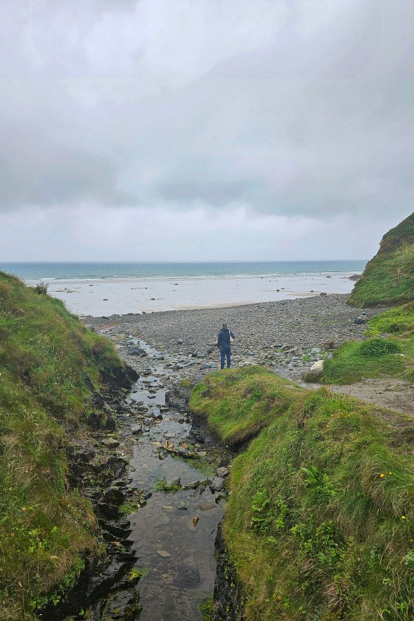 Writer’s husband looks out at Druidstone Beach in Wales.