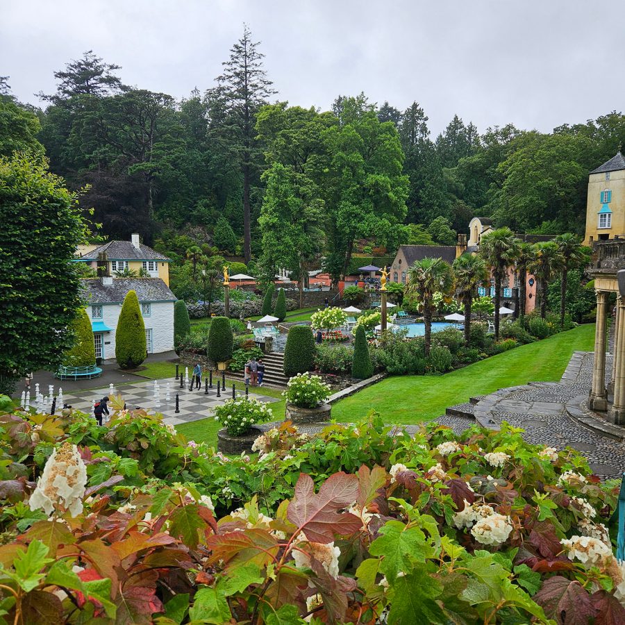  View of a massive chessboard and flowers at Portmeirion, Wales. 