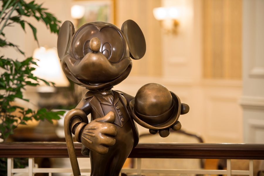 A statue of Mickey Mouse at the Hong Kong Disneyland Hotel. 
