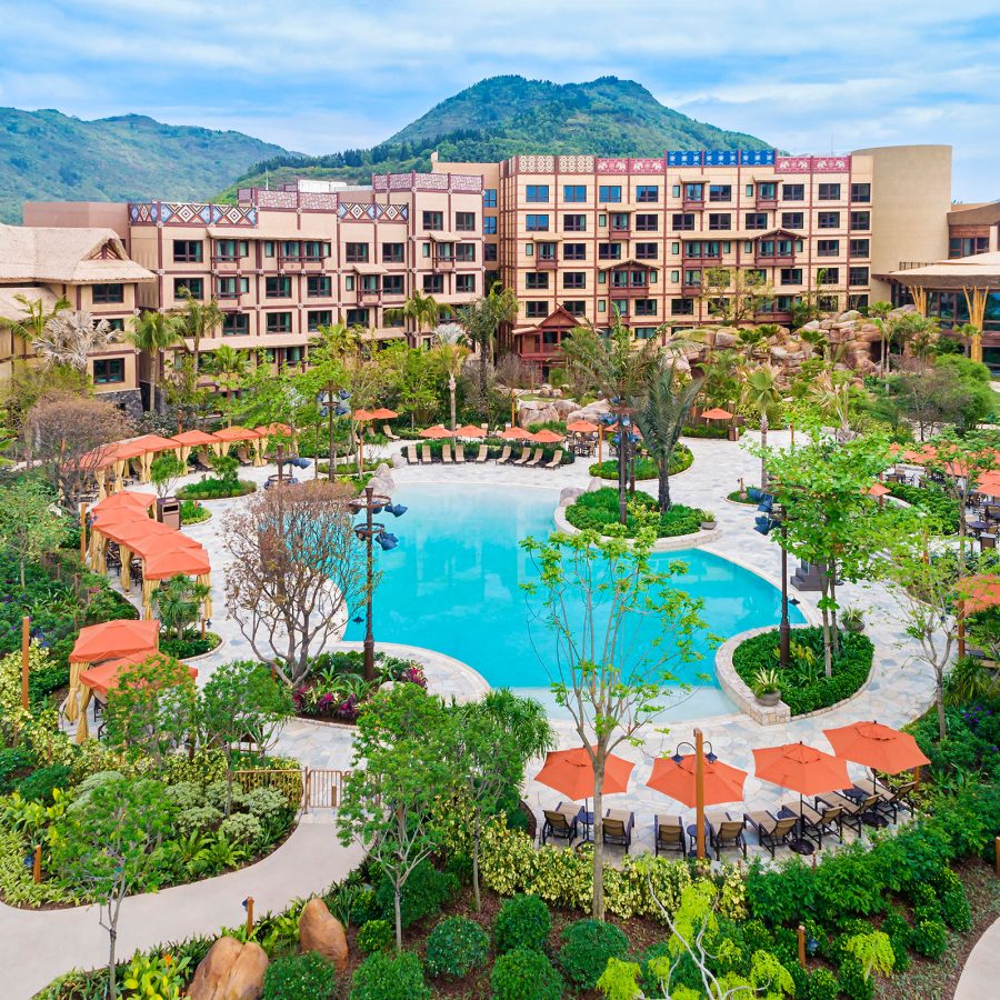 Exterior view of the Disney Explorers Lodge in Hong Kong. 