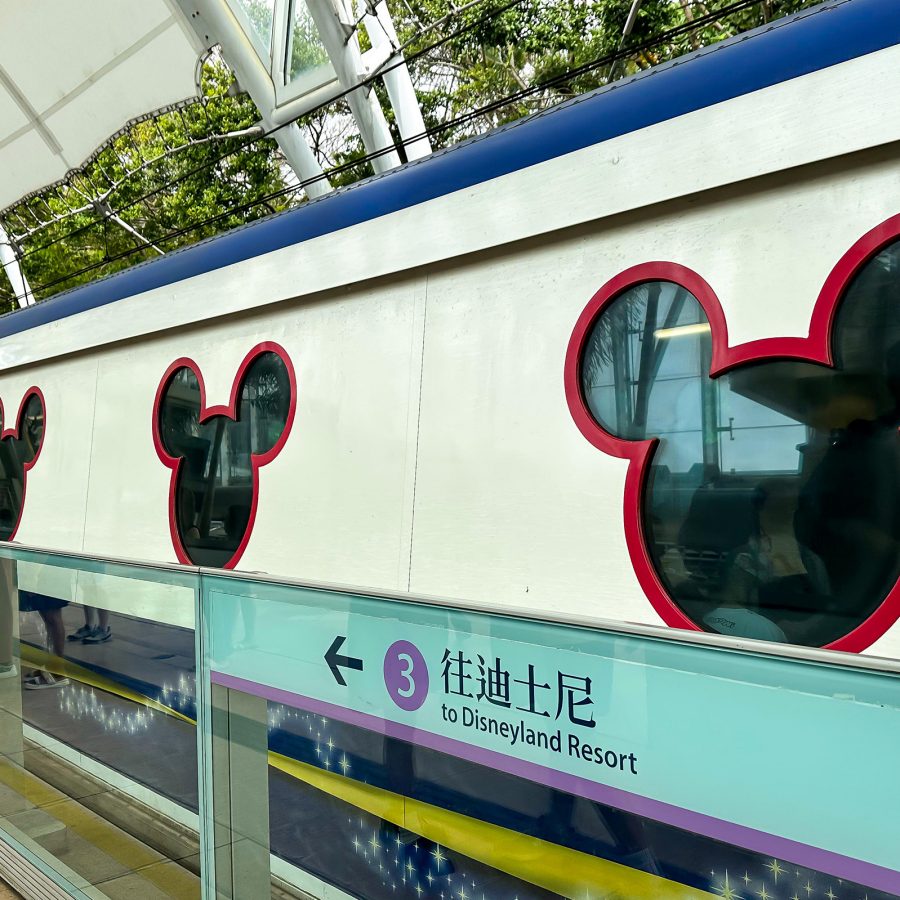 Exterior view of the Mickey Mouse-shaped windows on the Hong Kong Disneyland MTR train.