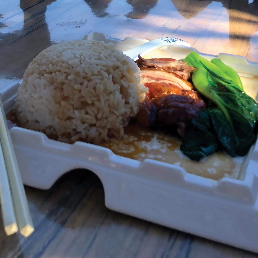 A plate of Peking duck, rice and vegetables placed on an outdoor table