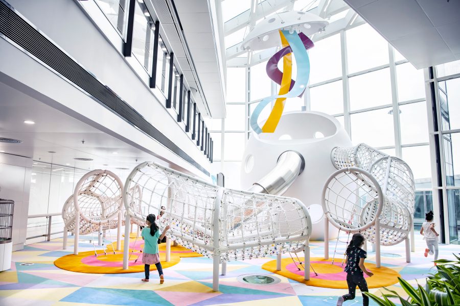 Children playing at Wonder Eggshell playground inside the Hong Kong International Airport.