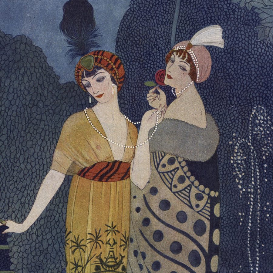 An illustration by George Barbier of two women elegantly dressed in Art Deco fashion, from the 1912 cover of the magazine Les Modes.