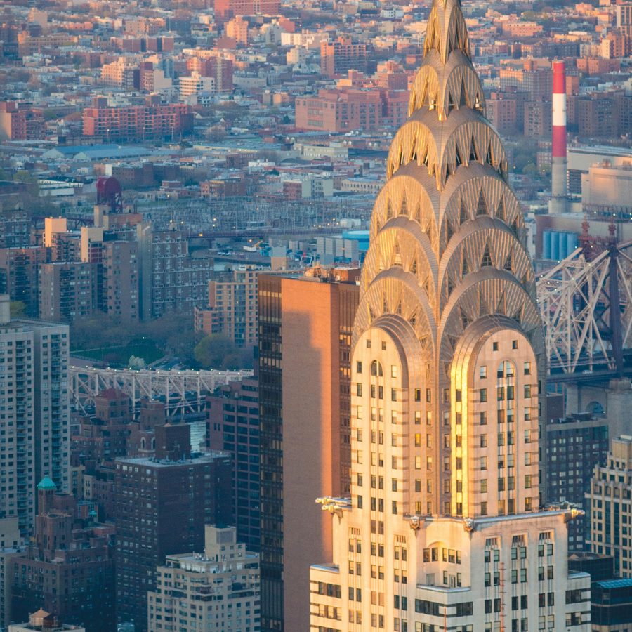 The scalloped crown of the Chrysler Building, an Art deco skyscraper in New York City.