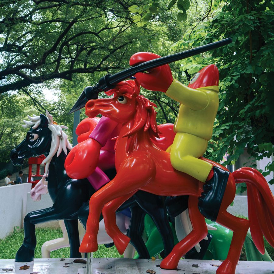 Colourful statues posed outside OCT Llofft creative park in Shenzhen, China.