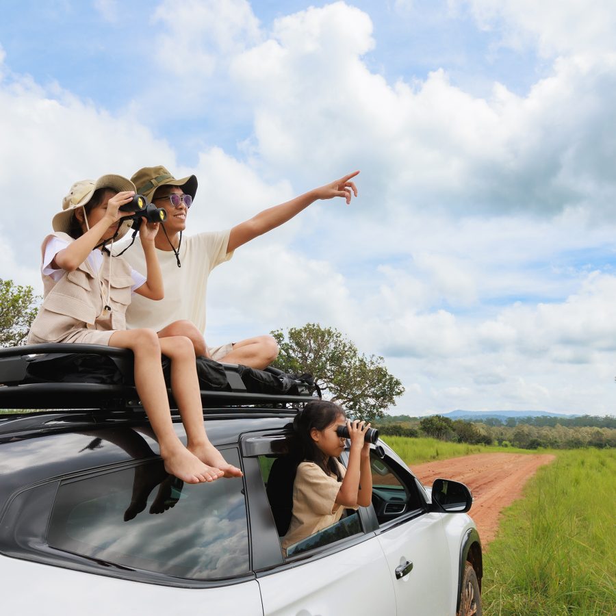 Two people sitting on top of a car and one person sitting inside a car. Two of them are holding binoculars while one is pointing to something in the distance.