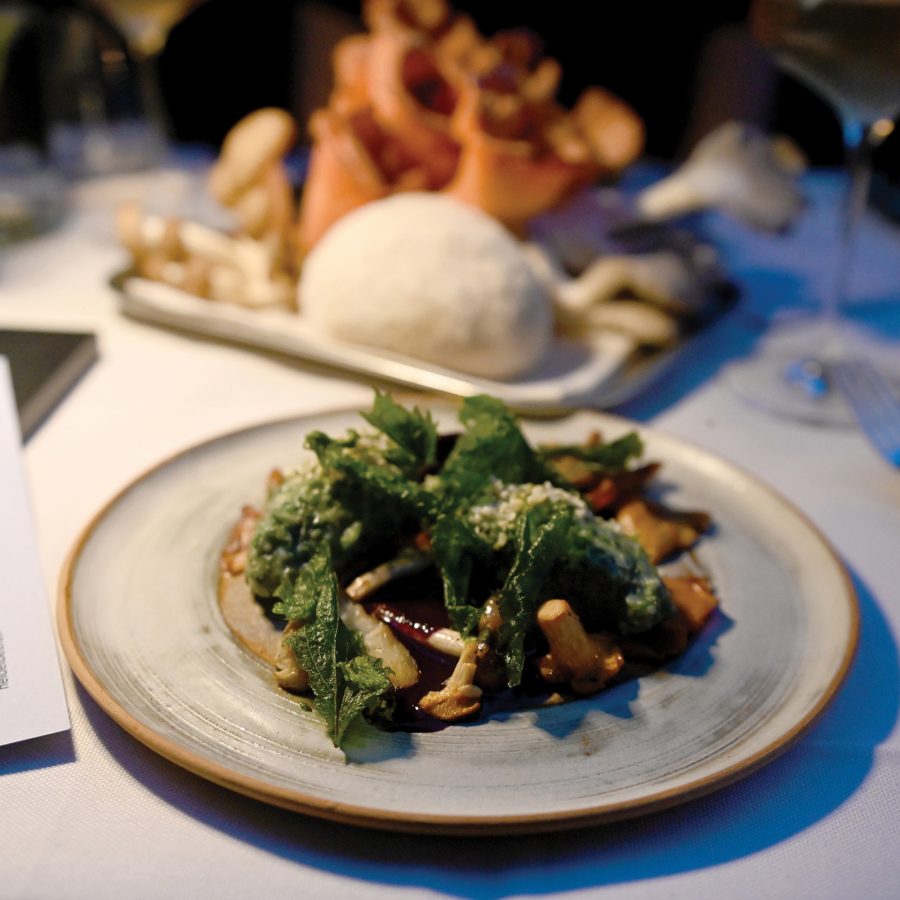 A closeup of a German dish on a ceramic plate on a white tablecloth, served at Malva in Munich
