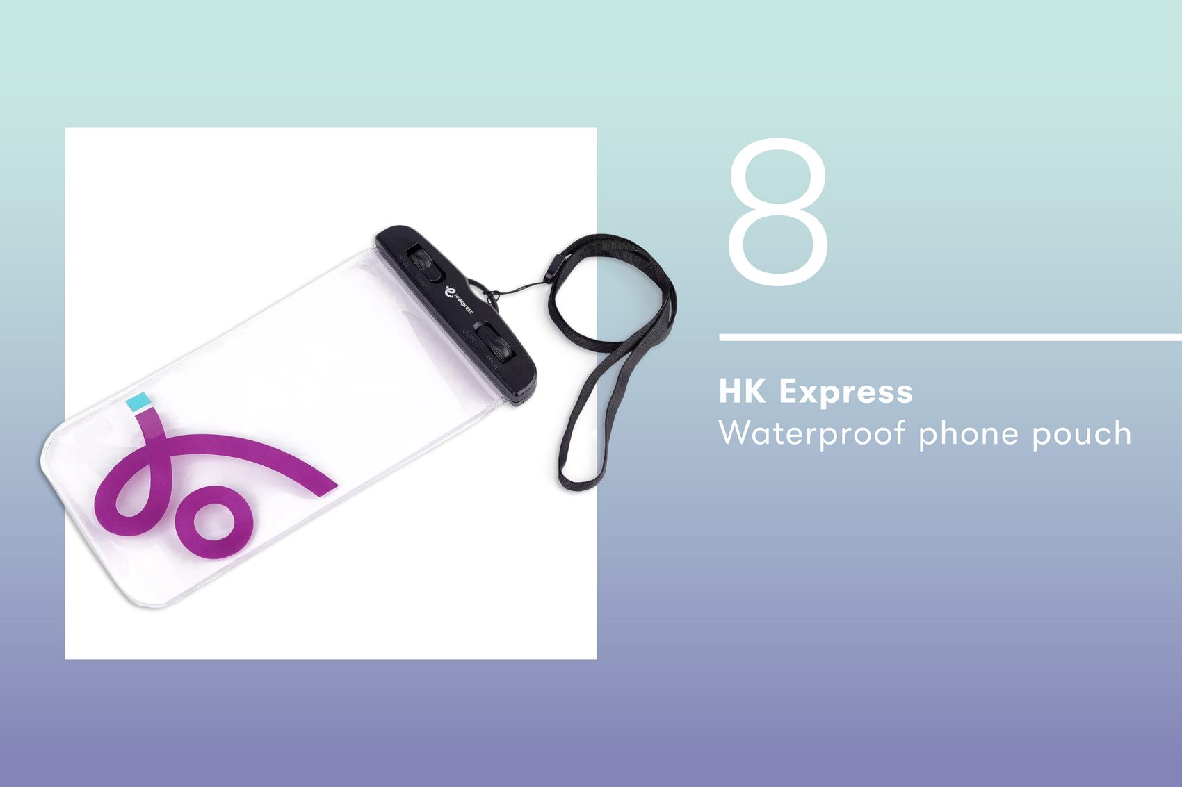 Product shot of the HK Express waterproof phone pouch. 