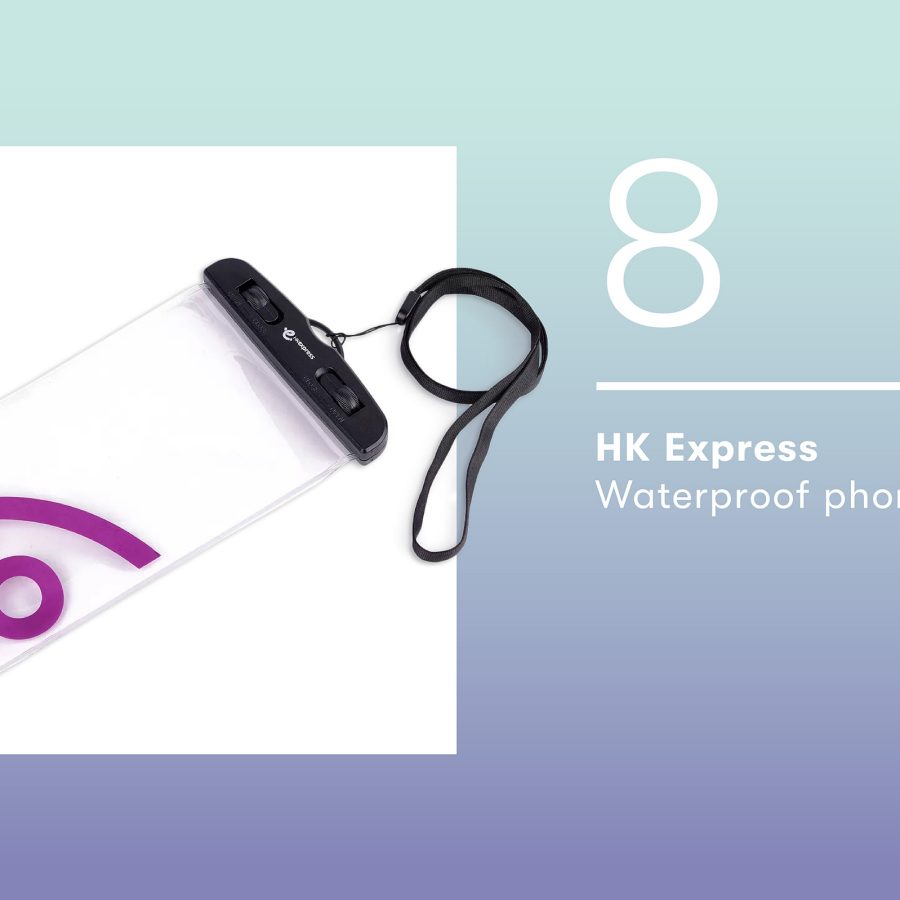 Product shot of the HK Express waterproof phone pouch. 